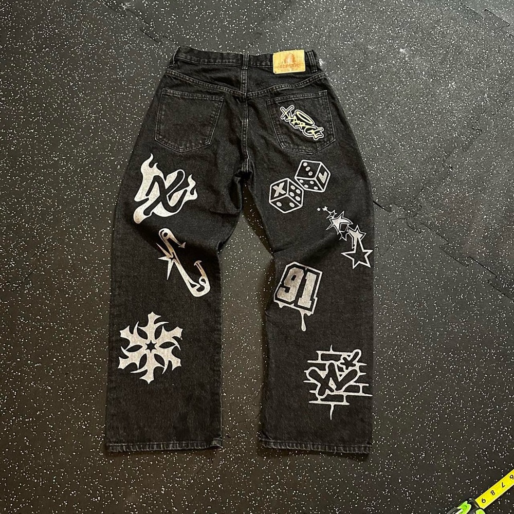 Men's Black XLarge Graffiti Print - Relaxed Jeans
